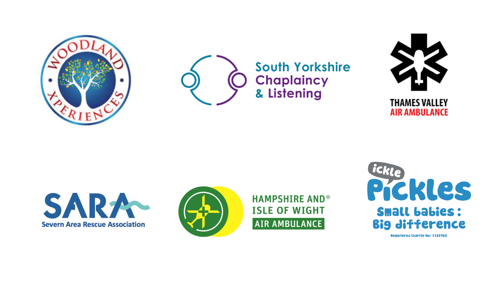 Logos of new funded projects: Woodland Xperiences, South Yorkshire Chaplaincy and Listening, Thames Valley Air Ambulance, SARA, Hampshire and Isle of Wight Air Ambulance, Ickle Pickles charity. 