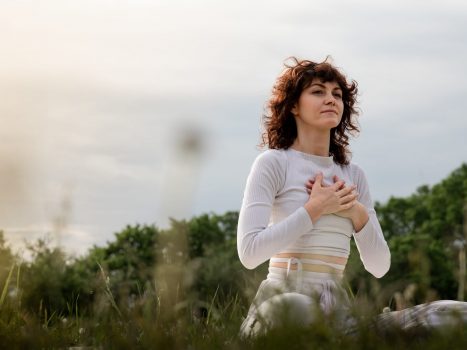Lady,Practicing,Diaphragmatic,Breathing,In,The,Morning.,Sports,Woman,Doing